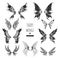 Fairy wings tattoo collection. Isolated silhouettes of pixie art. Fantasy icons. Mystery butterfly template