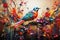 Fairytale abstraction using bright flowers and colorful birds