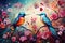 Fairytale abstraction using bright flowers and colorful birds