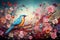 Fairytale abstraction using bright flowers and colorful birds