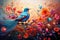 Fairytale abstraction using bright flowers and colorful birds