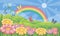 Fairytale background with flower meadow and rainbow. Fabulous landscape with daisies, bluebells and butterflies. Magic nature.