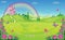 Fairytale background with flower meadow. Wonderland. Cartoon, children`s illustration. Princess`s castle and rainbow. Vector.