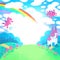 Fairytale background with rainbow princess castle and pony. Design template
