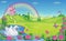 Fairytale background with river, flower meadow, roses, mountains, rainbow and castle for Princess. Magical landscape with park.