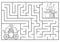 Fairytale black and white maze for kids with fantasy characters. Magic kingdom preschool printable activity with carriage, castle