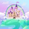 FairyTale cartoon castle. Cute cartoon castle. Fantasy fairy tale palace with rainbow. Vector illustration