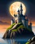 Fairytale castle on island at moonlit night