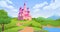 Fairytale castle landscape. Fantasy medieval palace mountain valley road, ancient fairy kingdom game background old
