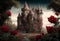 Fairytale castle overgrown with red roses.illustration. AI generative