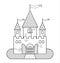 Fairytale Castle With A Princess, With Three Towers, With Flags, Gates, A Moat, Drawbridge. Outline Vector Image For Children`s