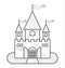 Fairytale Castle With Three Towers, With Flags, Gates, Moat, Drawbridge. Outline Vector Image. For Children`s Coloring Book. The