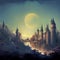 Fairytale castles and a full moon on a magical landscape. Dreamy background