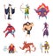 Fairytale characters. Fantasy creatures gremlins orc human warriors demon elf sorcerer giants vector cartoon pictures