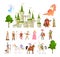 Fairytale characters. Fantasy medieval magic dragon, unicorn, princes and king, royal castle and knight vector set