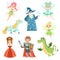 Fairytale characters set in different costumes. Princess, funny unicorn. Wizard, dragon and knight. Vector illustrations