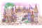 fairytale city,medieval castle on a large square,fortress ,tiled roofs.Acquired illustration,