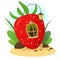 Fairytale cute strawberry house in the grass. Vector illustration in cartoon style.