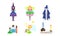 Fairytale Fantasy Characters with Magical Equipment Set, Witch, Fairy, Sorcerer, Potion, Magic Wand, Magic Book Vector