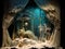 A fairytale fantasy Christmas scene with a magic curtain and dreamlike theatre in a wintry frosty setting.