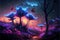 Fairytale forest at night, fantasy flowers in magic extraterrestrial world, generative AI