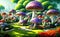 Fairytale garden full of flowers and giant colorful mushrooms. Generative Ai