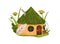 Fairytale garden house. Fantasy forest home. Cute tiny fancy gnome dwelling in nature among flowers, leaf plants. Fairy