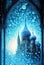 Fairytale glowing mystic dark blue background with temple or church