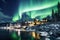 Fairytale green loops in the sky, Aurora Borealis over settlements in Norway, Northern Lights in the clear sky