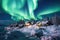 Fairytale green loops in the sky, Aurora Borealis over settlements in Norway, Northern Lights in the clear sky