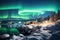 Fairytale green loops in the sky, Aurora Borealis over settlements in Norway, Northern Lights in the clear sky