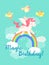 Fairytale happy birthday card with flying Unicorn in vector