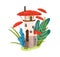 Fairytale house in mushroom. Fantasy fairy tale dwarf home in nature among forest leaf. Cute small gnome tower with tiny