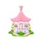 Fairytale house with a pink roof, spiral staircases