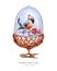 Fairytale illustration of Christmas decorations: decorative golden acorn with a glass dome, inside the bullfinch and rowan berries