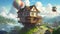 a fairytale inspired house with a flying balloon, ai generated image