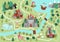 Fairytale kingdom map. Medieval village background. Vector fairy tale castle infographic elements with sea, mountains, forest,