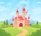 Fairytale landscape with castle. Fantasy palace tower, fantastic fairy house or magic castles kingdom cartoon vector