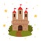 Fairytale landscape with castle. White tower with red flags, fairy house or magic castles kingdom. Vector flat