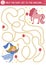 Fairytale maze for kids with fantasy characters. Magic kingdom preschool printable activity with gems, precious stones, golden