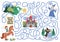 Fairytale maze for kids with fantasy characters. Magic kingdom preschool printable activity with witch, dragon, stargazer. Fairy