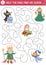 Fairytale maze for kids with fantasy characters. Magic kingdom preschool printable activity with witch, fairy, mermaid. Fairy tale