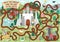 Fairytale maze for kids with medieval village landscape. Magic kingdom preschool printable activity. Fairy tale labyrinth game or