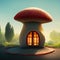Fairytale mushroom with glowing window. Fantasy house for gnomes and elves. 3d illustration. Digital illustration. AI