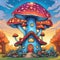 Fairytale mushroom house with flowers, cartoon style illustration