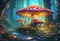 Fairytale mushroom house with flowers, cute colorful small elf cottage in forest with luminescent colors