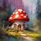 Fairytale mushroom house with flowers, cute oil painting illustration