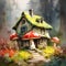 Fairytale mushroom house with flowers, cute oil painting illustration