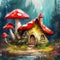 Fairytale mushroom house with flowers, cute oil painting illustration