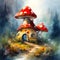 Fairytale mushroom house with flowers, cute oil painting illustration